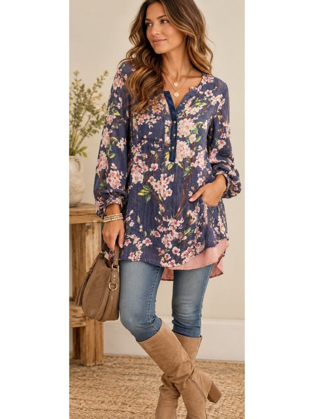 Soft Surroundings L Floral Tunic Blouse Navy Boho Cottagecore Rayon Silk Trim
